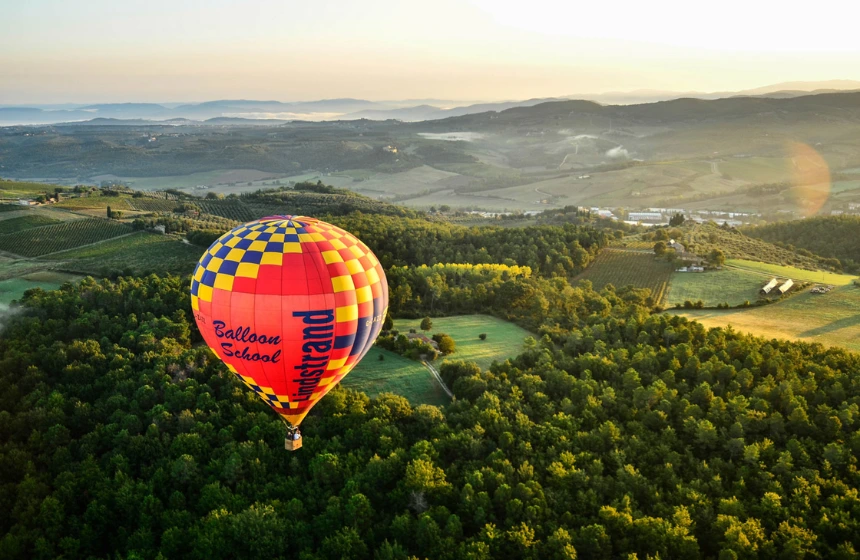 Air balloons floating in top of green forest