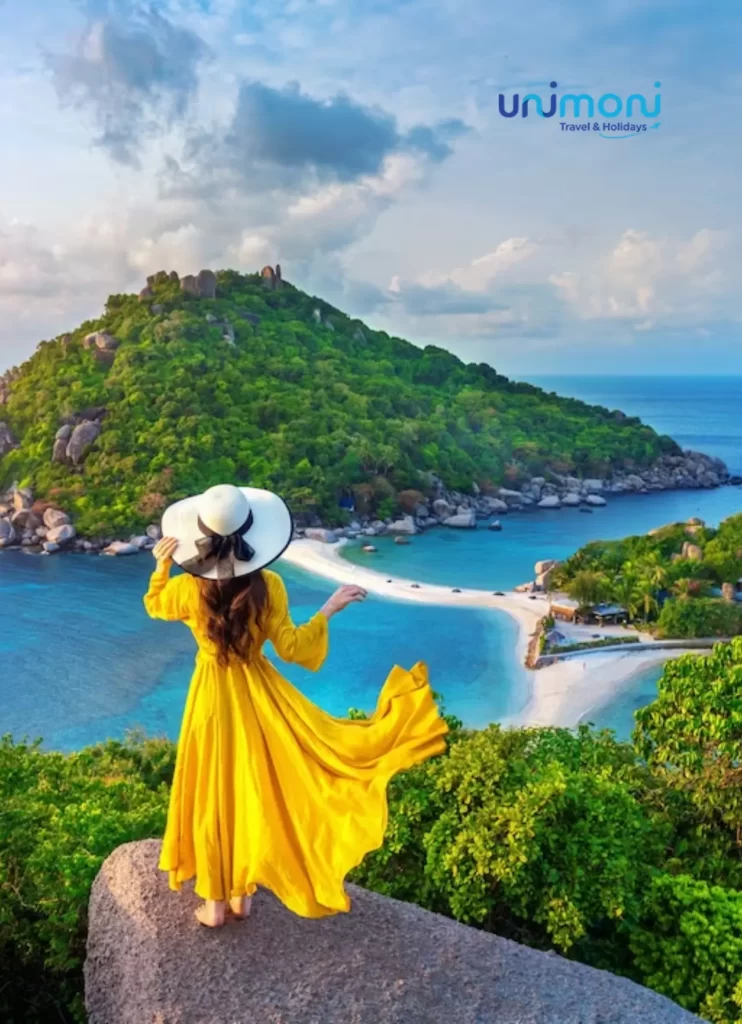 Yellow dressed girl with hat Standing top of a Mountain