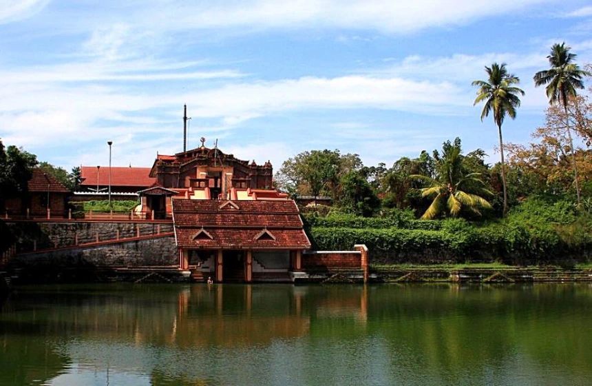 front view of old temple and river flowing beside