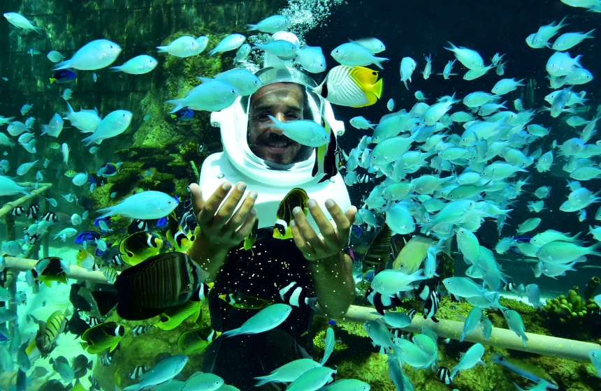 a man walking in underwater with colourful fishes