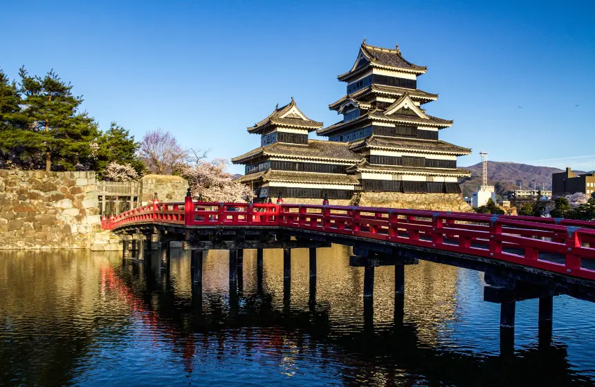 a bridge connected with two huge houses across a river