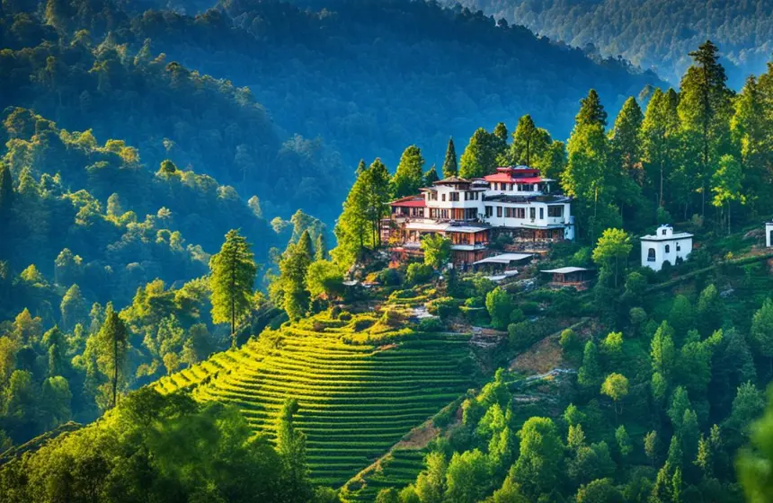 beautiful building on a hill top filled with mist and green plants