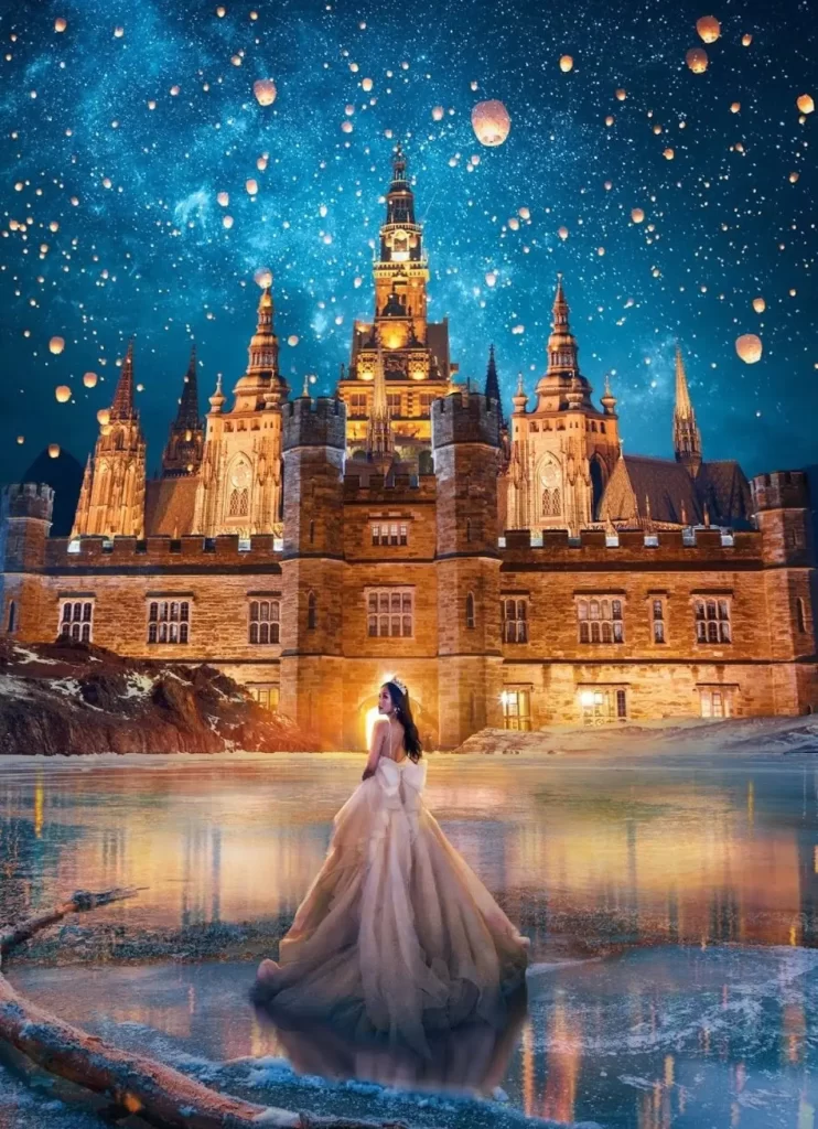 A lady standing in front of a palace